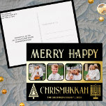 Carte Postale De Vacances En Aluminium Joyeux Chrismukkah 4 Photo Noir Et Or<br><div class="desc">Créez votre propre luxe de véritables cartes postales en feuille d'or avec ce design simple mais élégant de quatre photos en noir et or avec un arbre stylisé pour Noël et une Menorah minimaliste pour Hanoukka. Joyeux Chrismukkah ! Ajoutez vos quatre photos préférées à l'aide du simple chargeur de modèle...</div>