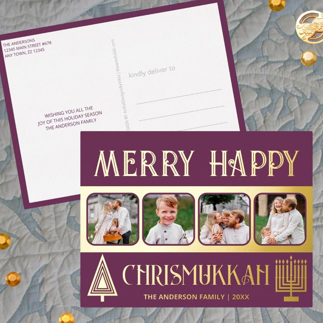 Carte Postale De Vacances En Aluminium Joyeux Chrismukkah 4 Photo Plum Purple Gold (These 4 photo real gold foil holiday postcards celebrate both Christmas and Hanukkah)
