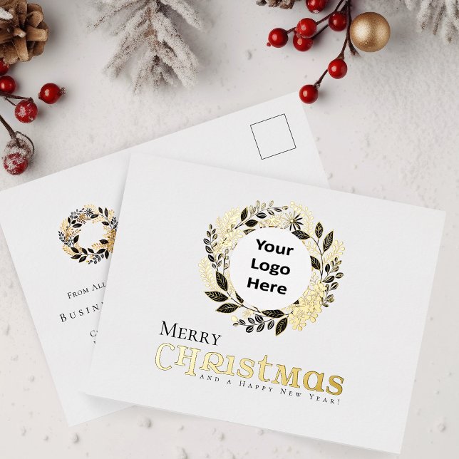 Carte Postale De Vacances En Aluminium Joyeux Noël Black Gold Wreath Business (Merry Christmas Modern Chic Black and Gold Foil Holiday Postcard With Company or Corporate  Logo)