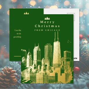 Carte Postale De Vacances En Aluminium Joyeux Noël Chicago Green Foil Post Card