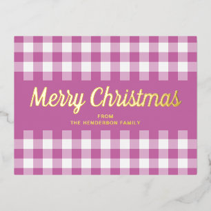 Carte Postale De Vacances En Aluminium Joyeux Noël en gingham rose écriture dorée