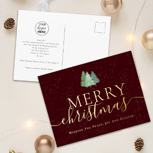 Carte Postale De Vacances En Aluminium Joyeux Noël Entreprise Logo Sapins enneigés Or