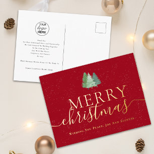 Carte Postale De Vacances En Aluminium Joyeux Noël Entreprise Logo Sapins enneigés Or
