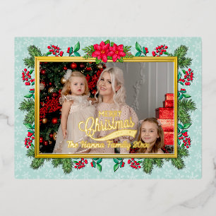 Carte Postale De Vacances En Aluminium Joyeux Noël et Bonne Année Cadre Doré