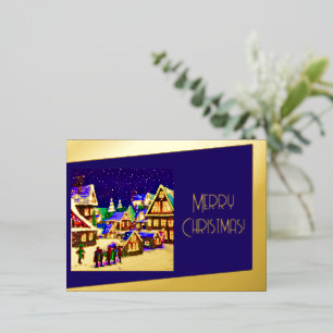 Carte Postale De Vacances En Aluminium Joyeux Noël Foil - village sous la neige