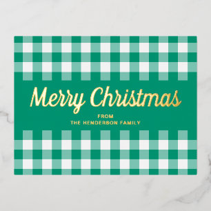 Carte Postale De Vacances En Aluminium Joyeux Noël Gingham Vert Écriture Dorée