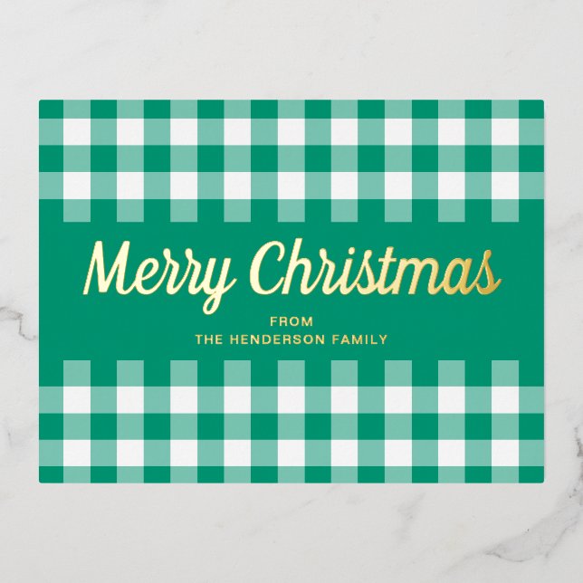 Carte Postale De Vacances En Aluminium Joyeux Noël Gingham Vert Écriture Dorée (Recto)