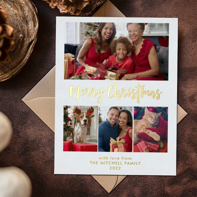 Carte Postale De Vacances En Aluminium Joyeux Noël | Gold Foil Multi Photo Grid (A real, gold foil multi-photo Christmas card)
