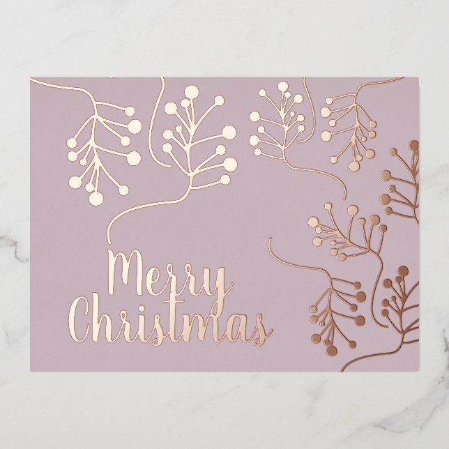 Carte Postale De Vacances En Aluminium Joyeux Noël Holly Berry Gold Pressed Blush (Recto)