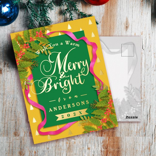 Carte Postale De Vacances En Aluminium Joyeux Noël Jaune Vert Jaune (Merry and Bright Christmas Yellow Green Foil Holiday Postcard)