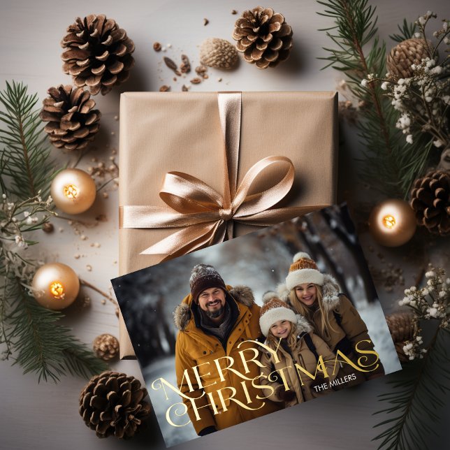 Carte Postale De Vacances En Aluminium Joyeux Noël moderne Minimal 1 Photo Élégant (Modern Merry Christmas Minimal 1 Photo Elegant Foil Holiday Postcard)