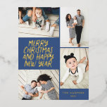 Carte Postale De Vacances En Aluminium Joyeux Noël Nouvel An 4 Photo Collage Marine Bleu<br><div class="desc">Cette carte postale multiphoto design et festive présente un style manuscrit dans REAL FOIL avec un collage photo présentant 4 de vos photos. Au verso, ajoutez votre adresse de retour et un message personnalisé pré-imprimé pour un envoi facile et rapide par carte de vacances. Ajoutez simplement vos photos et votre...</div>