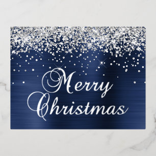 Carte Postale De Vacances En Aluminium Joyeux Noël Paillettes Argentées Bleu Nuit Glamour