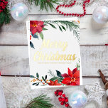 Carte Postale De Vacances En Aluminium Joyeux Noël Poinsettia Custom Corporate Gold<br><div class="desc">Joyeux Noël dans élégant script rouge cursif entouré de jolies aiguilles de pin vert et des fleurs festives de poinsettia rouge. Cette magnifique bordure florale est une touche chic à vos cartes postales de vacances en feuille d'or d'entreprise. Customisez avec votre entreprise ou votre nom d'entreprise entre le design botanique...</div>