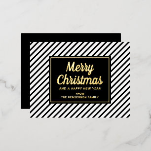 Carte Postale De Vacances En Aluminium Joyeux Noël rayé noir et blanc écriture dorée