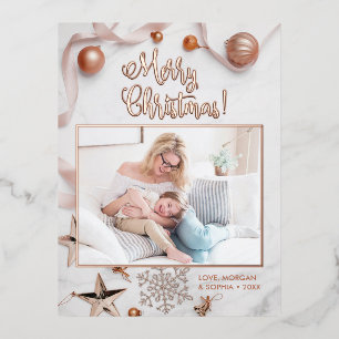 Carte Postale De Vacances En Aluminium Joyeux Noël Rose Doré Élégant, Photo, Message