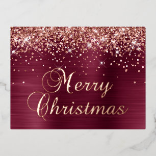Carte Postale De Vacances En Aluminium Joyeux Noël Rose Gold Pailleté Rouge Bourgogne