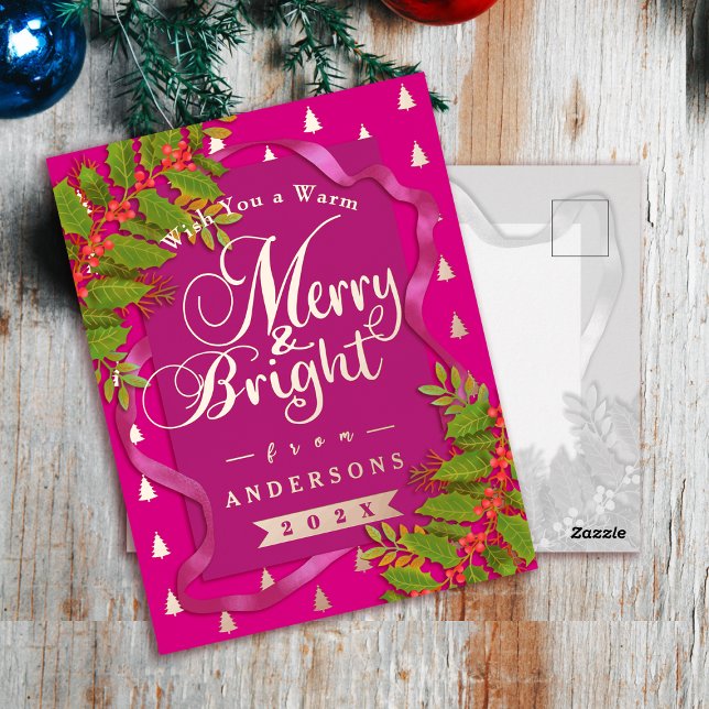 Carte Postale De Vacances En Aluminium Joyeux Noël rouge (Merry and Bright Christmas Red Foil Holiday Postcard)