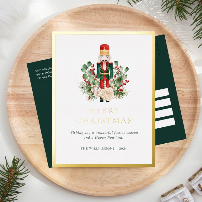 Carte Postale De Vacances En Aluminium Joyeux Noisette de Noël Vert Élégant (Merry Christmas Elegant Nutcracker Greenery Greetings Card Gold Foil)