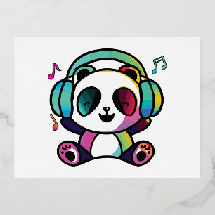 Carte Postale De Vacances En Aluminium Joyeux Panda avec écouteurs écoutant de la musique