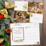 Carte Postale De Vacances En Aluminium Joyful Script Botanical 2-Photo w/Gold Frame<br><div class="desc">Lovely two-photo template with gold foil frames,  pastel watercolor leaves and berries and editable "Joyful" calligraphy script and text fields. Back features complementary gold-framed floral label and additional text fields.</div>