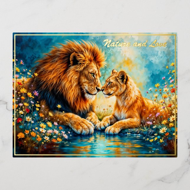 Carte Postale De Vacances En Aluminium Lion Lioness chats sauvages nature amour faune (Recto)