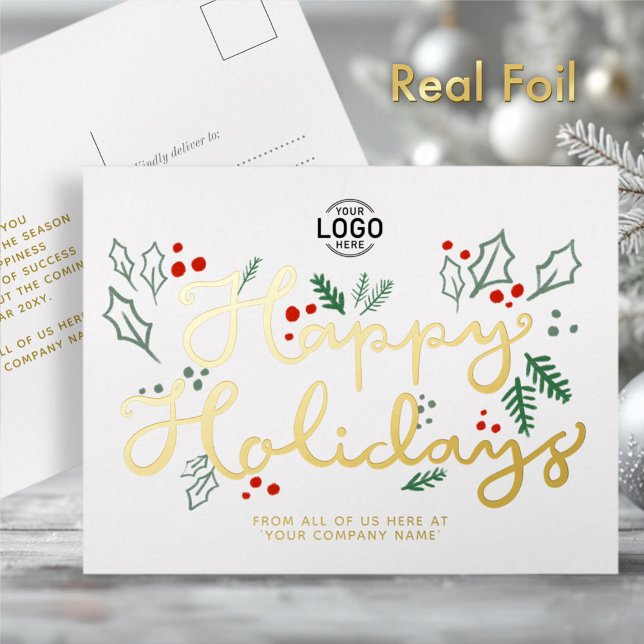 Carte Postale De Vacances En Aluminium Logo Business Gold Lettering Happy Holidays White (Créateur téléchargé)