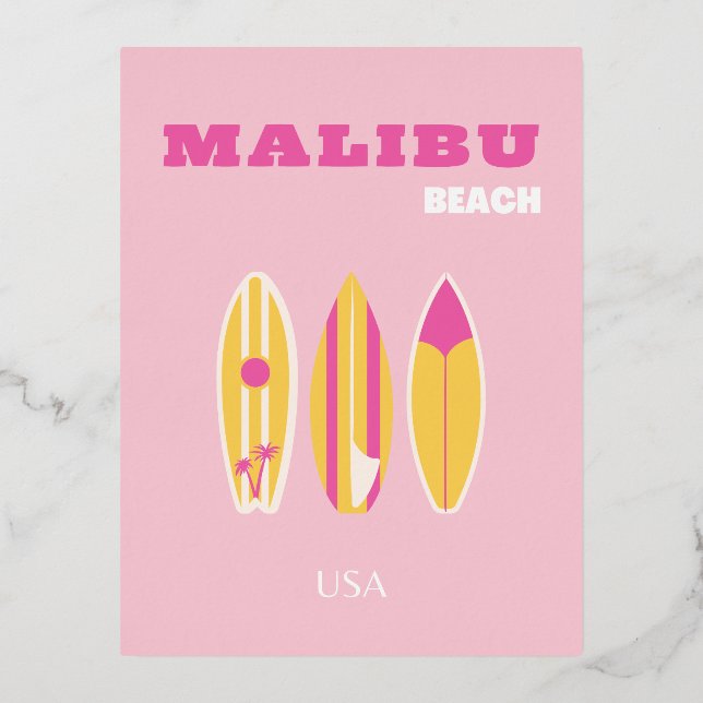 Carte Postale De Vacances En Aluminium Malibu, Plage de Malibu, Preppy, Rose (Recto)