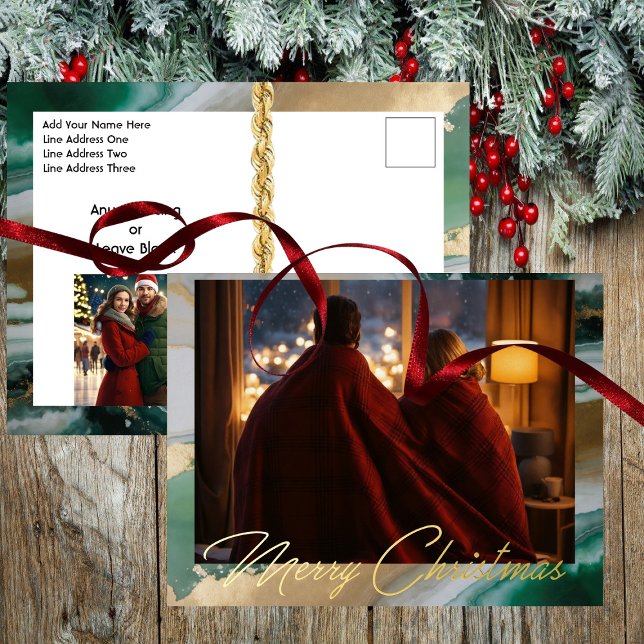 Carte Postale De Vacances En Aluminium Marbre moderne Deux photos (Opulent Offering for Holiday Postcard - Foil Greeting - Rich Green Marble Backdrop)
