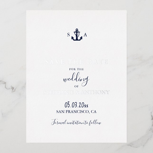 Carte Postale De Vacances En Aluminium Mariage d'Ancre bleu marine Monogram (Recto)