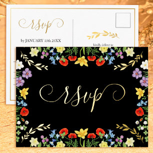 Carte Postale De Vacances En Aluminium Mariage noir et or Fleur sauvage coloré RSVP
