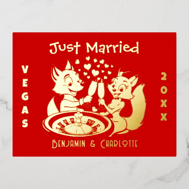 Carte Postale De Vacances En Aluminium Marié À Las Vegas, Fox Couple Rouge Et Or (Recto)