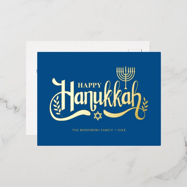 Carte Postale De Vacances En Aluminium Menorah d'or "Happy Hanoukka" (Recto/Verso)