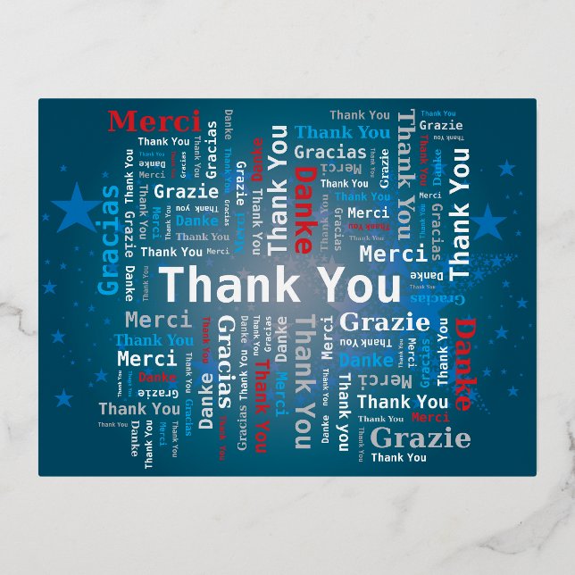 Carte Postale De Vacances En Aluminium Merci Word Cloud - 5 langues - Bleu profond (Recto)