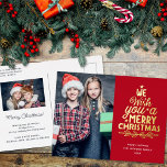 Carte Postale De Vacances En Aluminium Merry Christmas 2 photos gold Foil Holiday Postcar<br><div class="desc">Modern holiday greeting postcard, customizable with one of your favorite family Christmas portraits on the front, beside a lovely gold foil lettering caption that reads "we wish you a merry Christmas" over a plain bright red background. On the reverse of the postcard, you can add your return address, a second...</div>