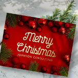 Carte Postale De Vacances En Aluminium Merry Christmas Modern Red Ornaments and Pine<br><div class="desc">Your business logo can be added at the back. Modify the holiday message,  business name or company name. 

Available here:
http://www.zazzle.com/selectpartysupplies</div>