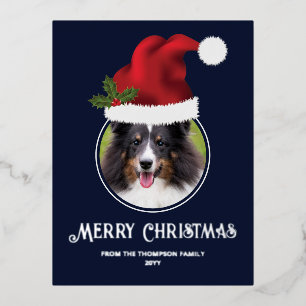 Carte Postale De Vacances En Aluminium Modèle photo personnalisé Red Santa Hat sur bleu