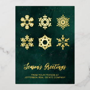 Carte Postale De Vacances En Aluminium Moderne Green Gold Snowflakes Business
