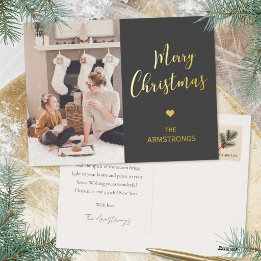 Carte Postale De Vacances En Aluminium Moderne Photo de Noël en Charbon Or Script