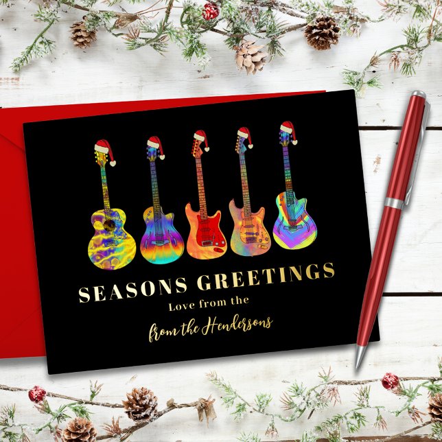 Carte Postale De Vacances En Aluminium Musique Thématique Noël Guitares Noir et Or (Music themed Christmas guitars personalized seasons greetings black and gold foil holidays postcard)