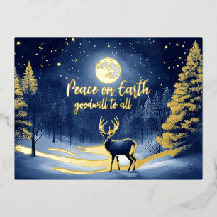Carte Postale De Vacances En Aluminium Neige paisible Forêt d'hiver Pleine lune et Cerf