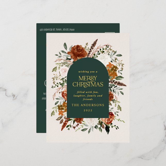 Carte Postale De Vacances En Aluminium Noël chic vert botanique élégant cerf floral (Recto/Verso)