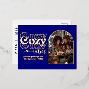 Carte Postale De Vacances En Aluminium Noël Rétro Cosy Bleu Marine et Or