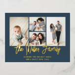 Carte Postale De Vacances En Aluminium Nom de famille personnalisé 4 Photo Collage Foil<br><div class="desc">Faites passer l'amour à ce carte photo de vacances personnalisé qui présente un collage photo et votre nom de famille. L'arrière a un emplacement pour un message personnalisé, une adresse de retour et une adresse de destinataire. Pour customiser encore plus, cliquez sur "Editer à l'aide de l'outil de conception". Magasinez...</div>