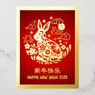 Carte Postale De Vacances En Aluminium Nouvel An Chinois 2023 Rabbit moderne Rouge Vrai O