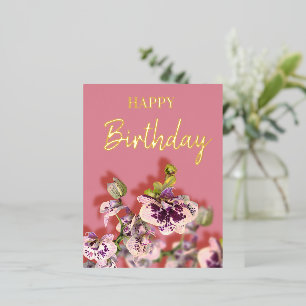 Carte Postale De Vacances En Aluminium Orchidées Tropical Fleurs Joyeux Anniversaire Or R