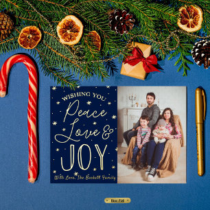 Carte Postale De Vacances En Aluminium Paix, Amour & Joie Photo de Noël Réelle