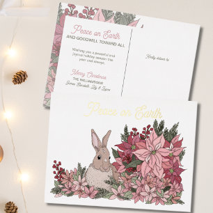 Carte Postale De Vacances En Aluminium Paix sur Terre Lapin à Poinsettias Noël