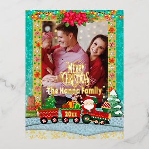Carte Postale De Vacances En Aluminium Père Noël dans un train avec des cadeaux et un arb