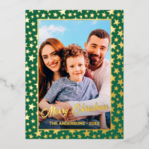 Carte Postale De Vacances En Aluminium Photo de famille Noël élégant script étoiles vert